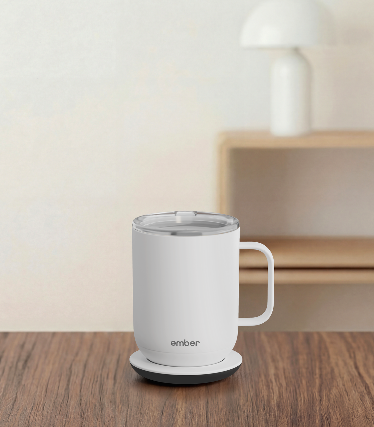 Ember Mug 3 in White, 10 oz, on a desk