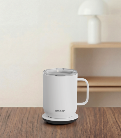 Ember Mug 3 in White, 10 oz, on a desk