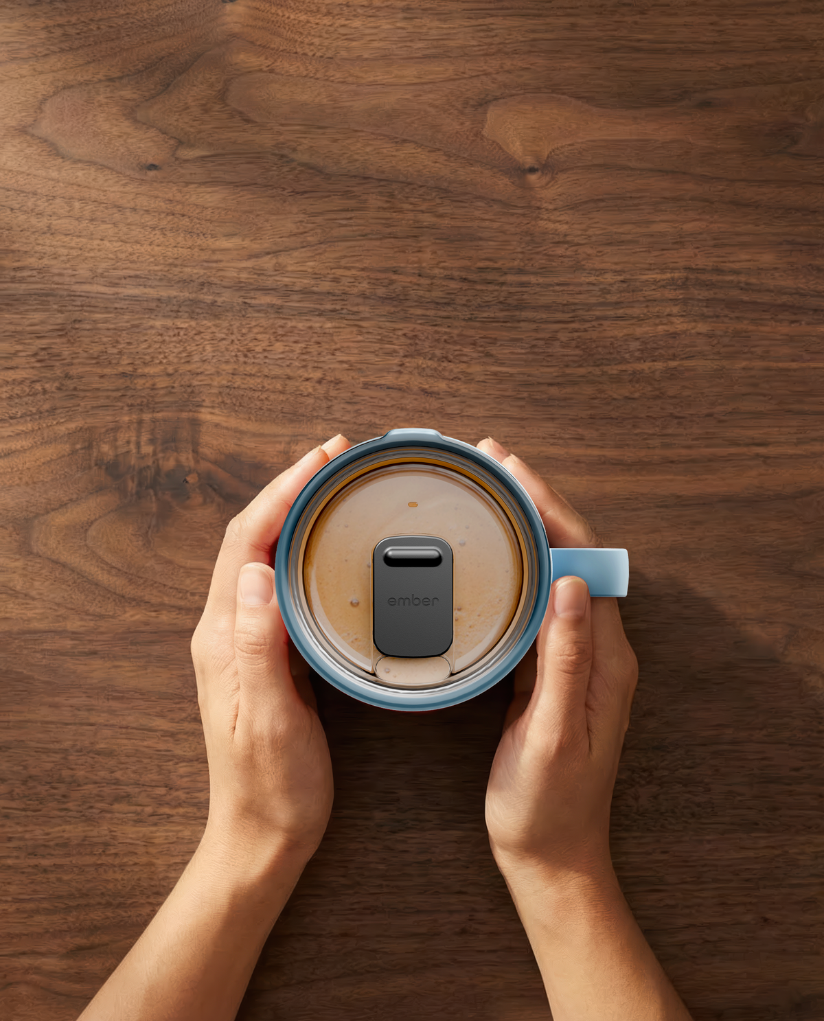 Ember Mug 3 in Salt Blue, 14 oz, top-down with coffee